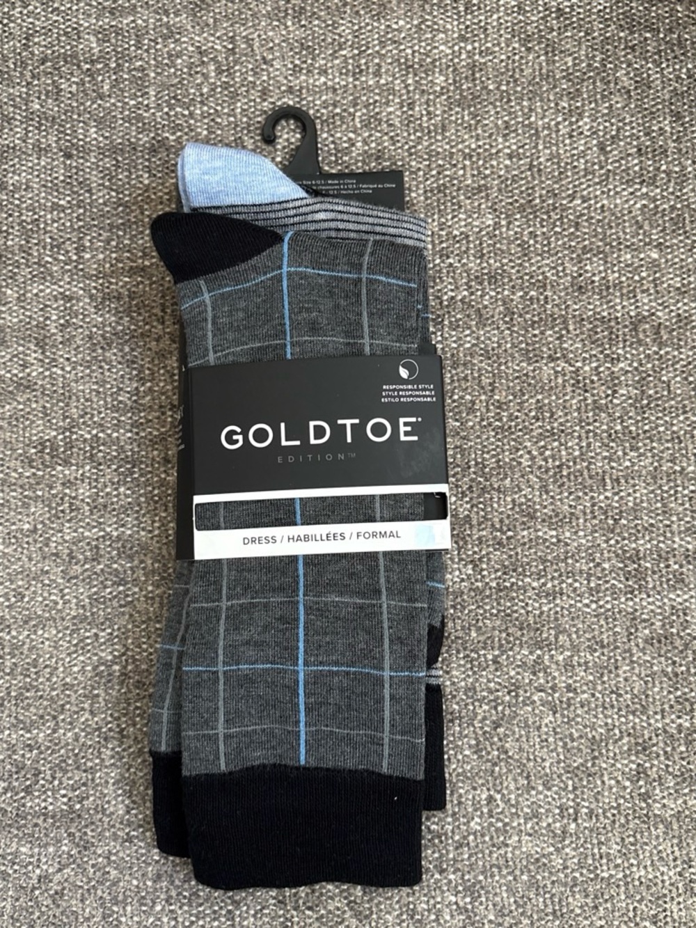Gold Toe Gray Dress Socks with Light Blue Windowpane